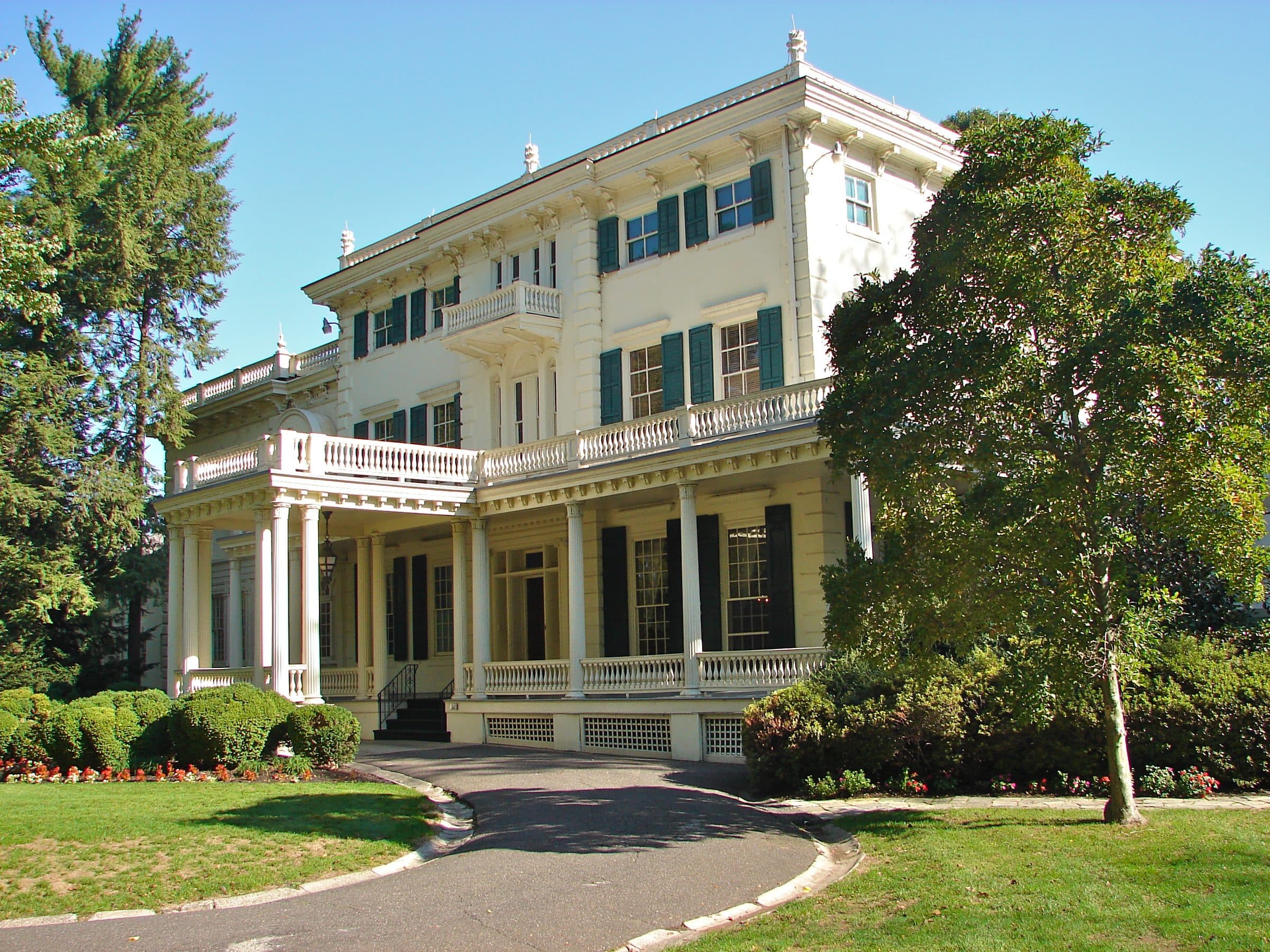 Glen Foerd, a cream-painted nineteenth-century mansion with a columned porch and shuttered windows, at the end of its drive in the Torresdale section of Philadelphia.