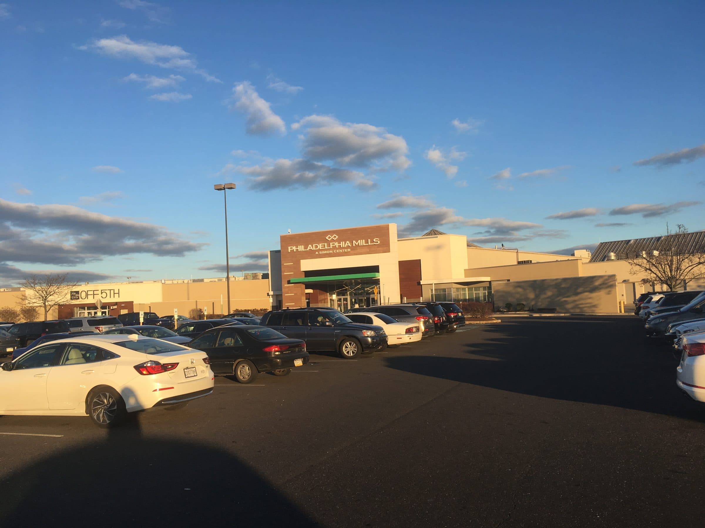 The west entrance of the Philadelphia Mills shopping center at Franklin Mills Circle in the Parkwood section of northeast Philadelphia, seen across its car park.