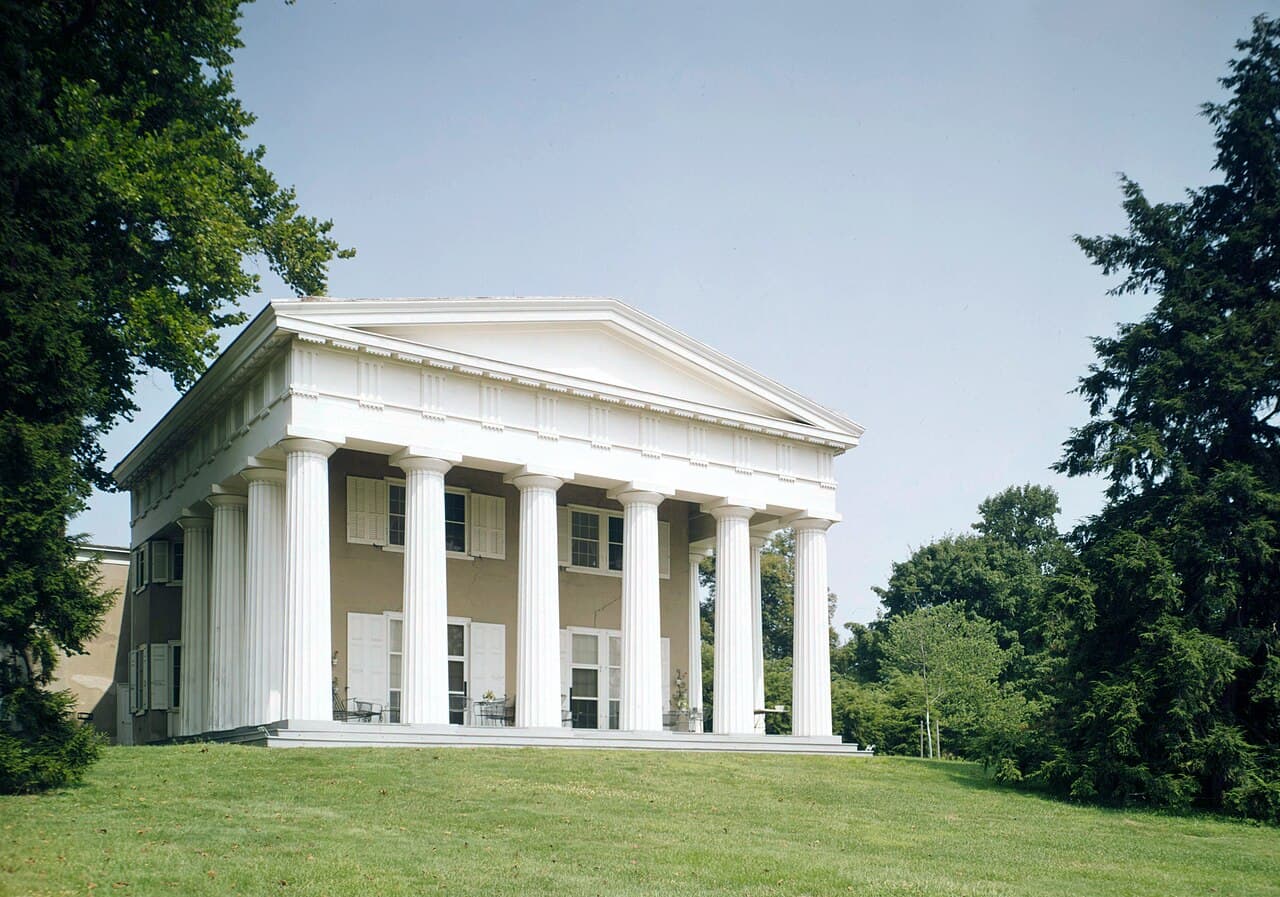 Andalusia, the Greek Revival Nicholas Biddle estate in Bensalem Township, Bucks County, Pennsylvania, its columned portico facing the lawn.