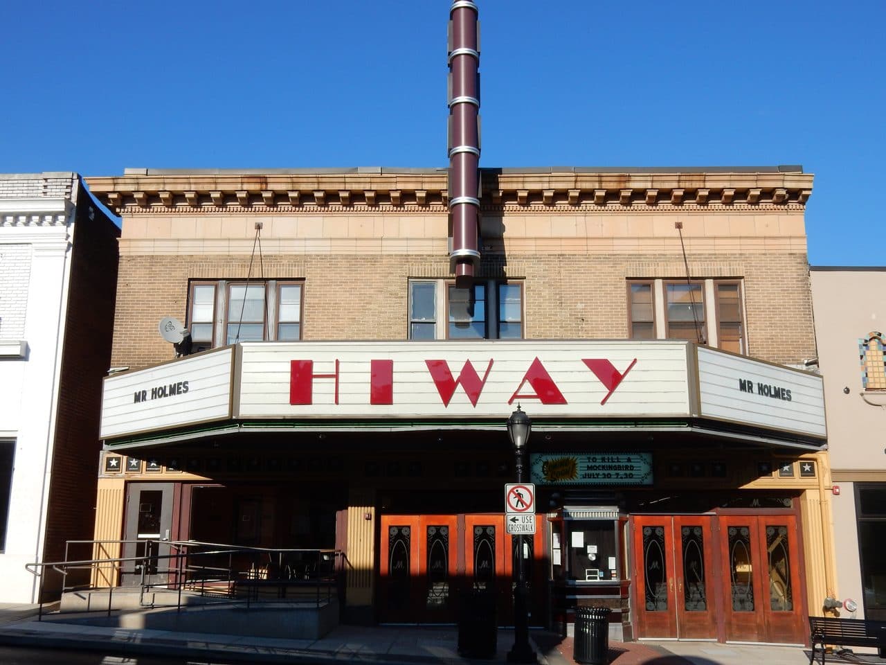 The Hiway Theater on York Road in Jenkintown, Pennsylvania, an art deco cinema front with a red neon marquee.